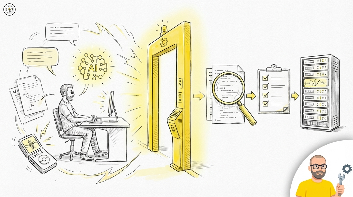 AI stops at the PR — and that's the rule